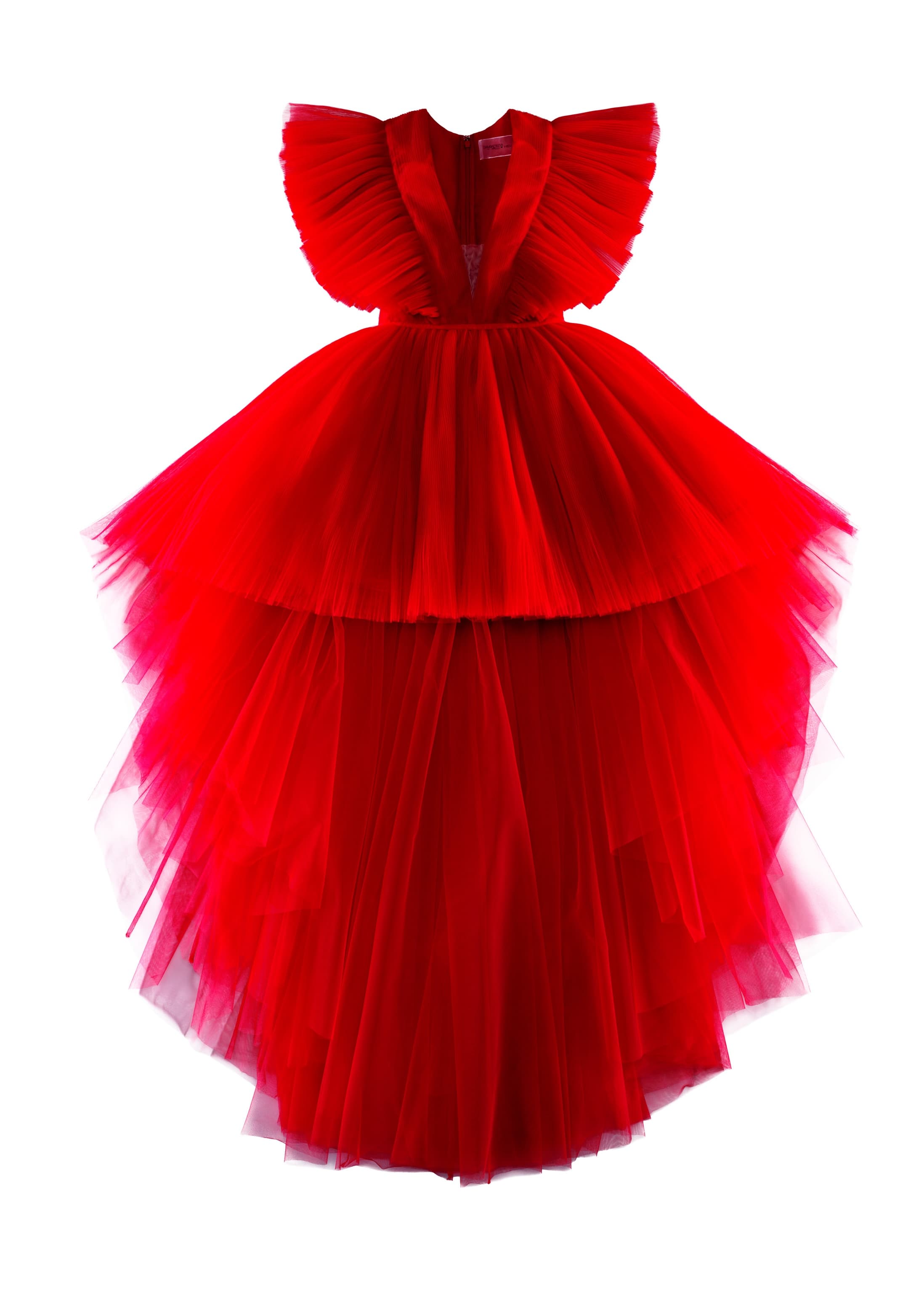 Giambattista Valli X H&M設計師聯名系列的形象照片中的絕美紅色紗質洋裝，為網路限定款。NT$14,999元。（H&M提供）     