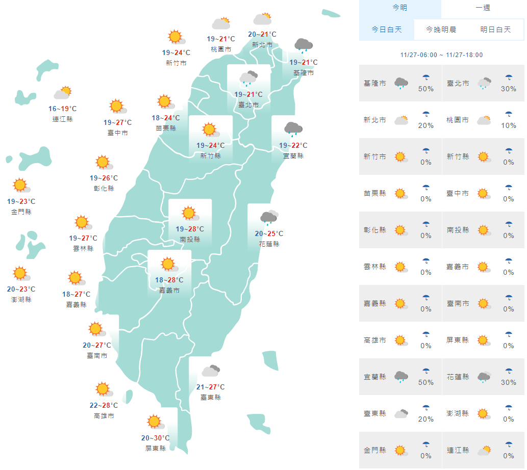 全台今日天氣概況。（翻攝中央氣象局）