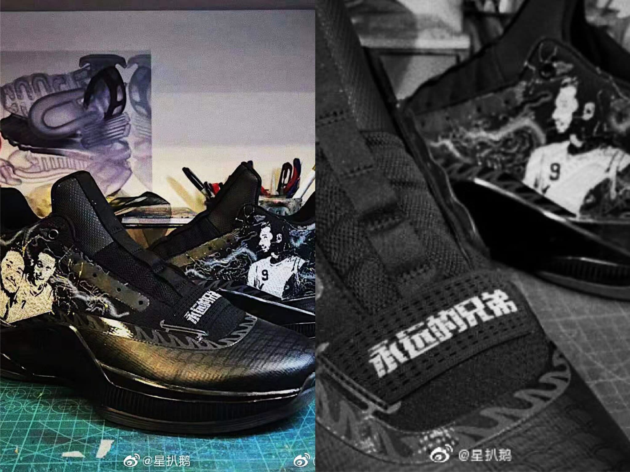 林書豪今晚在CBA有賽事，特地穿上印有與高以翔合影的球鞋出賽。（翻攝自星扒鵝微博）