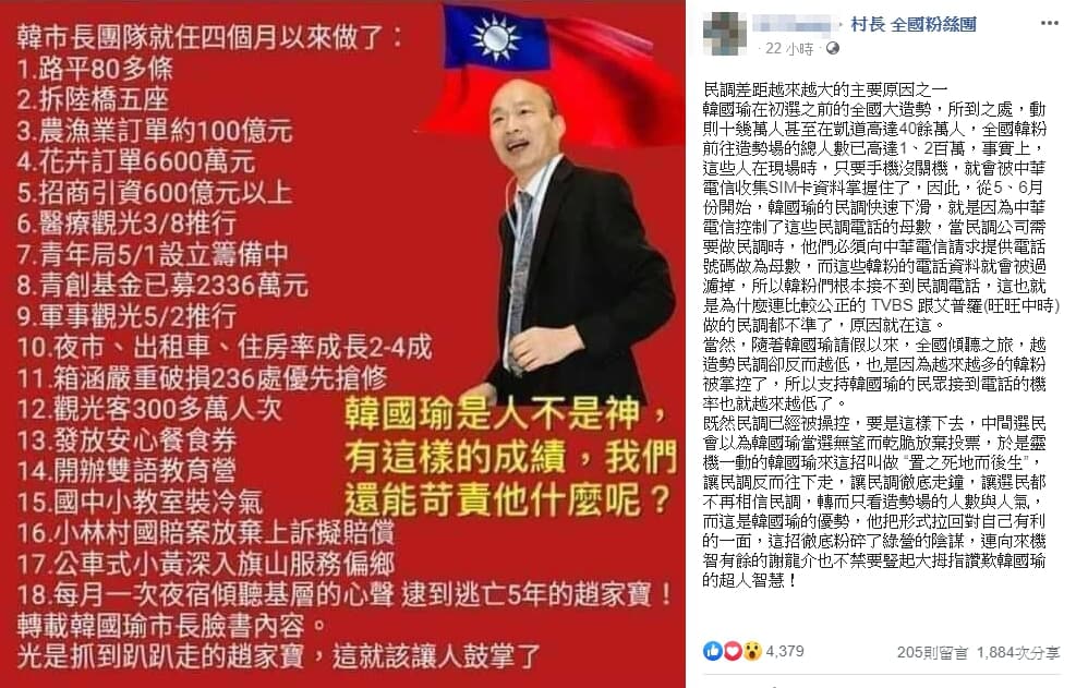 韓粉於臉書社團散布韓國瑜民調低迷的原因，但遭到中華電信打臉。（翻攝自臉書）