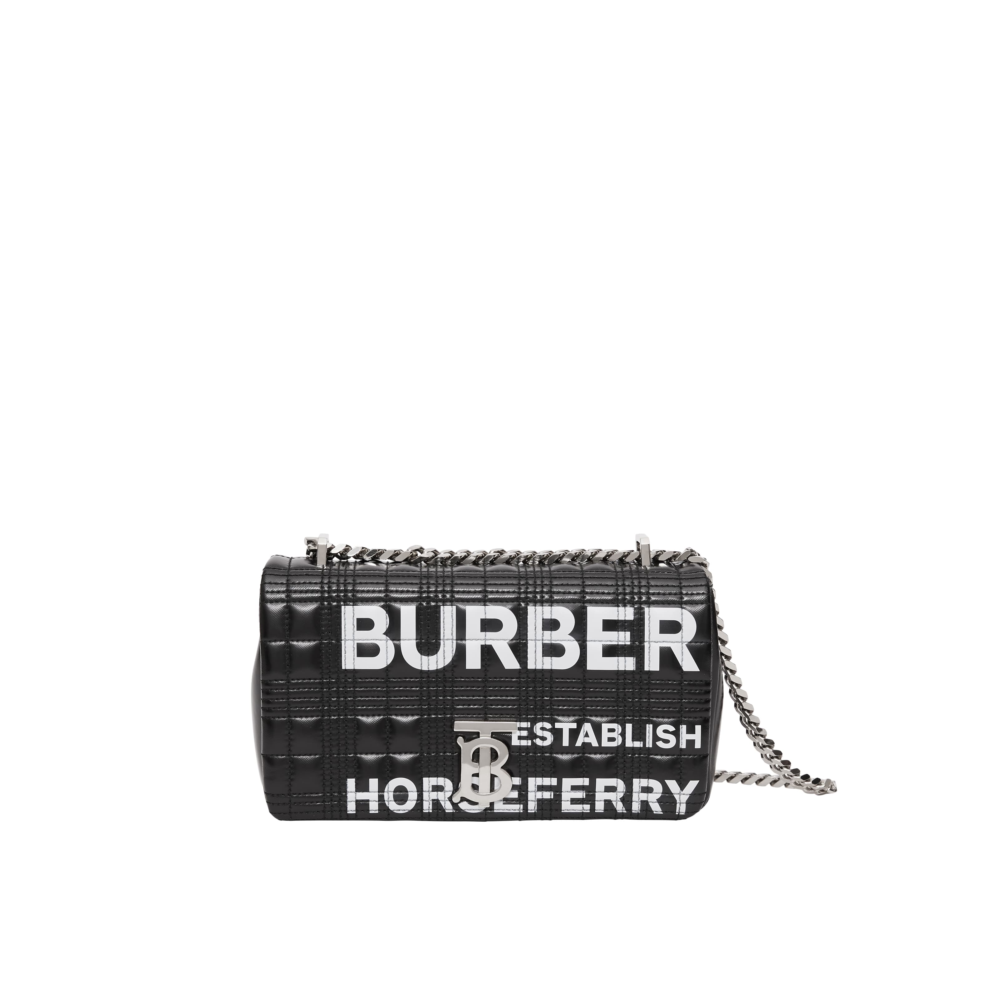 黑色小型Horseferry印花絎縫格紋Lola包。NT$55,000（BURBERRY提供）