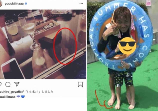 眼尖網友發現這隻腳很眼熟，懷疑優樹菜婚內出軌跟乾貴士有一腿。（翻攝自網路）