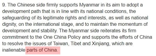 緬甸外交部臉書說法是稱「inalienable parts of China」（中國），而非「中華人民共和國」。（翻攝自Ministry of Foreign Affair Myanmar臉書）