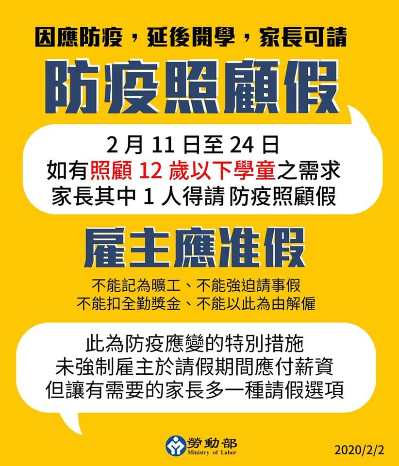 勞工如有照顧12歲以下學童之需求，得請「防疫照顧假」。（翻攝自勞動部臉書）