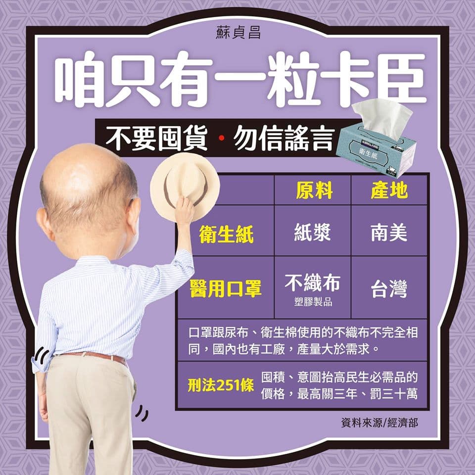 行政院長蘇貞昌2月7日在臉書貼出「咱只有一粒卡臣」文宣，宣導民眾不需要囤積衛生紙。（翻攝自蘇貞昌臉書）