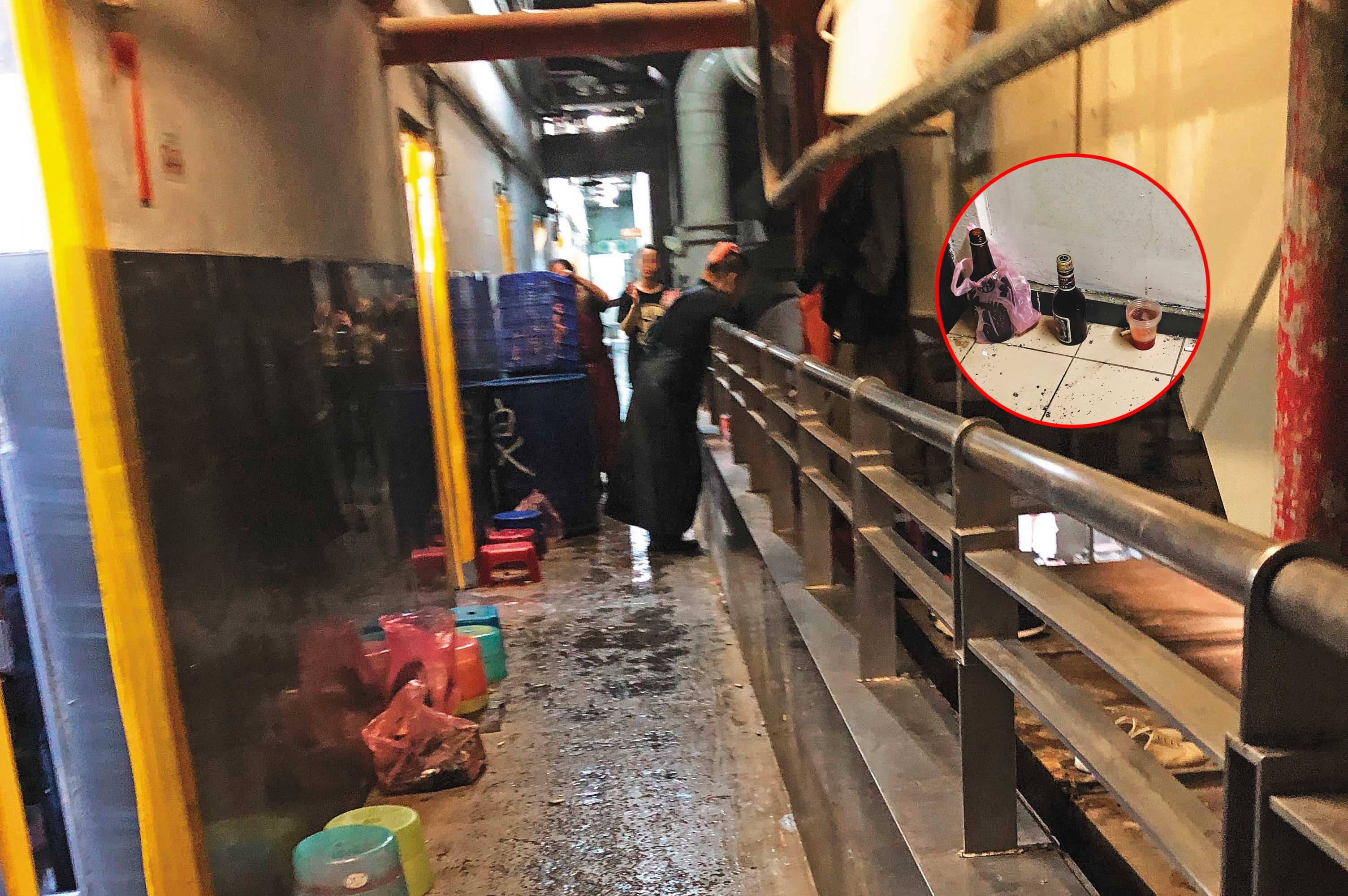 3/1 01:14 屠宰場內部未設休息室，工作人員只能在長廊放上小圓凳休息，屠宰處理後的內臟就擺在旁邊，衛生堪慮。因沒有地方休息，在此工作的人員只能利用樓梯間抽菸、喝提神藥酒。