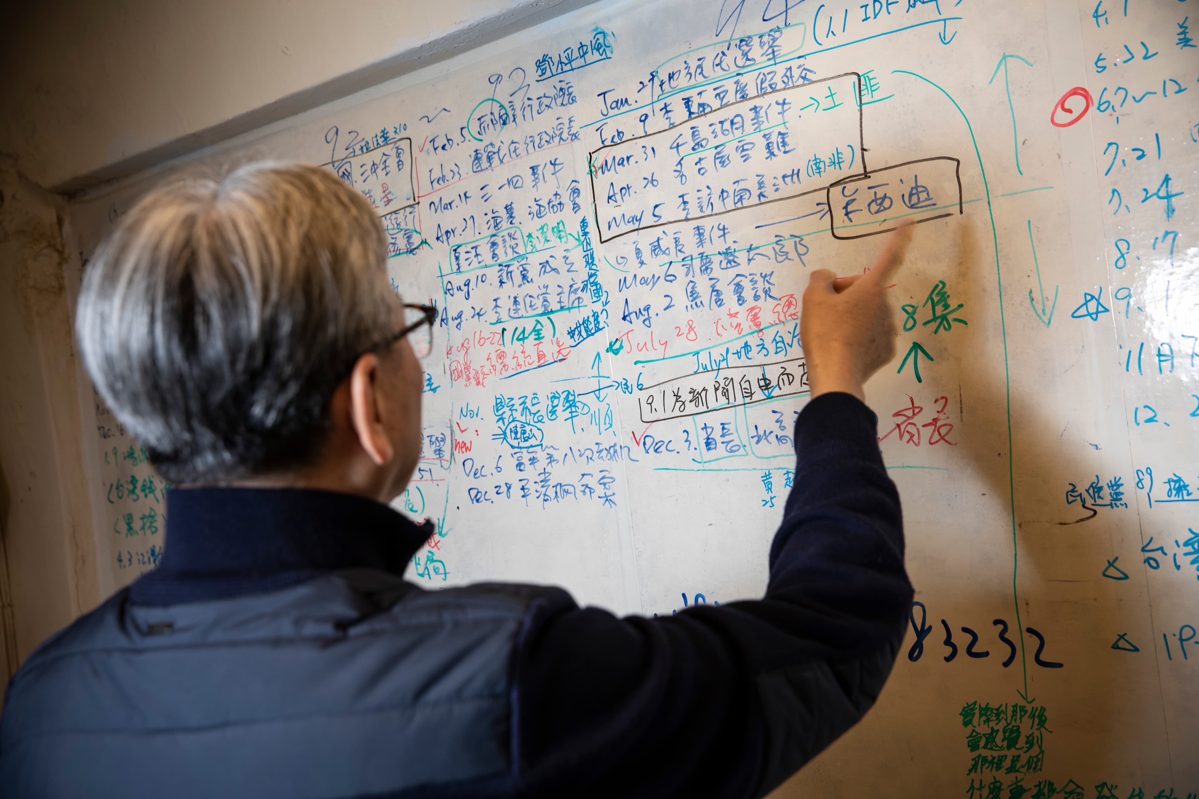 蘇志誠擔任《國際橋牌社》顧問，圖為劇組替演員上課的白板，上面羅列1990年代的美中台三邊互動的大事記，有許多是他曾親歷其中、至今仍未解密的歷史。