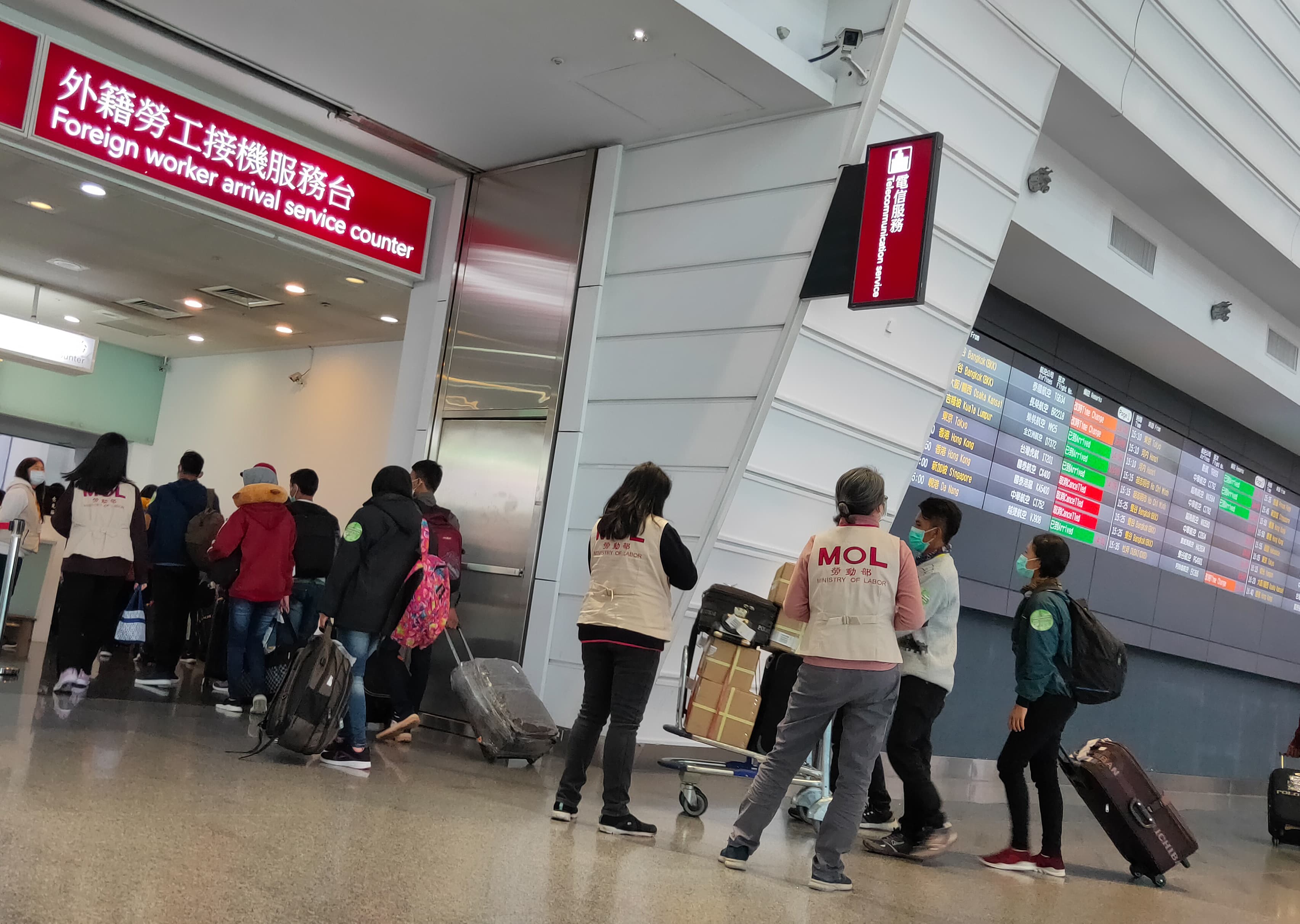 本刊直擊移工抵台後，身穿寫有「MOL」背心的勞動部人員將他們帶到外籍勞工接機服務台，進行講習宣導。