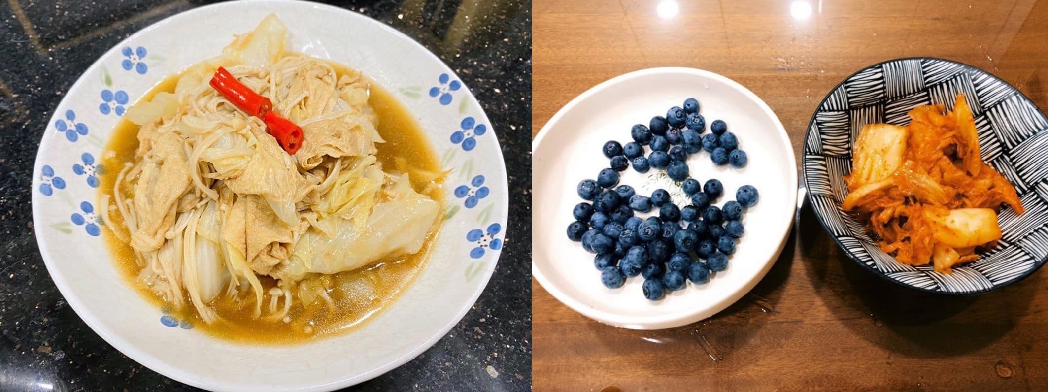 周子瑜開心分享在家吃的滷白菜、沙拉、泡菜與水果等食物。（合成TWICE IG）