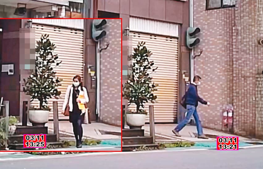 王浩每次結束幽會、步出華廈時，都會向左走，到停車場牽車。陳淑娟（左圖）確認王浩取車後才離開華廈，並向右走，繞到後方巷弄會合。