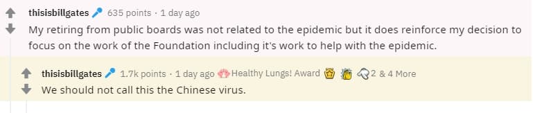 比爾蓋茲為不應該稱它為「中國病毒」。（翻攝自Reddit）