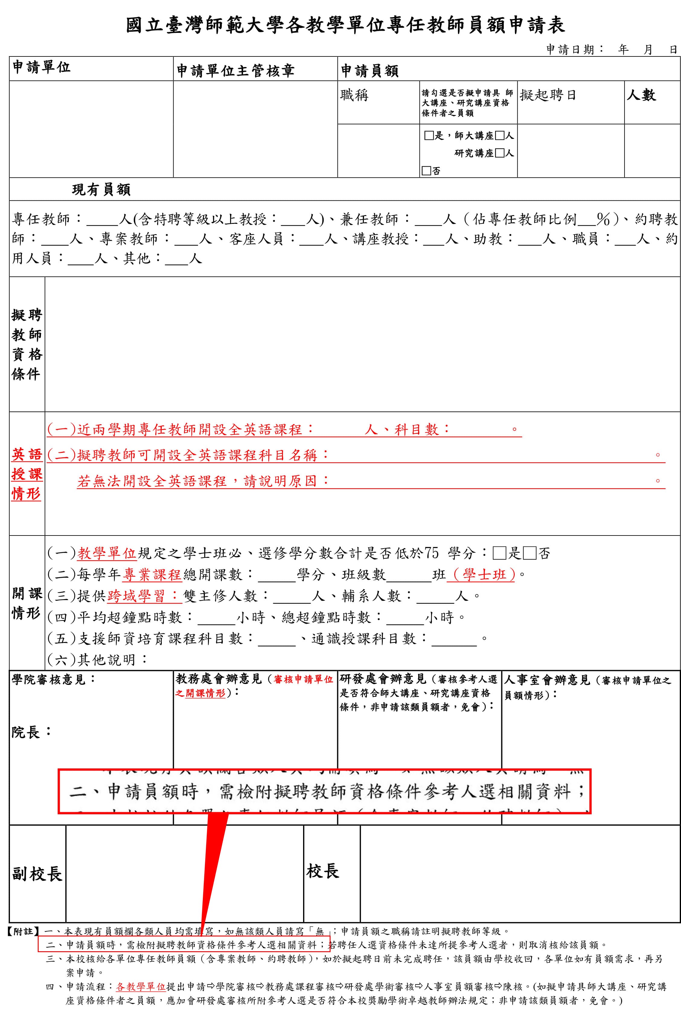 台師大教師員額申請表，特別備註須繳交「擬聘教師資格條件參考人選」名單，形同職缺還沒確定，就有內定人選。