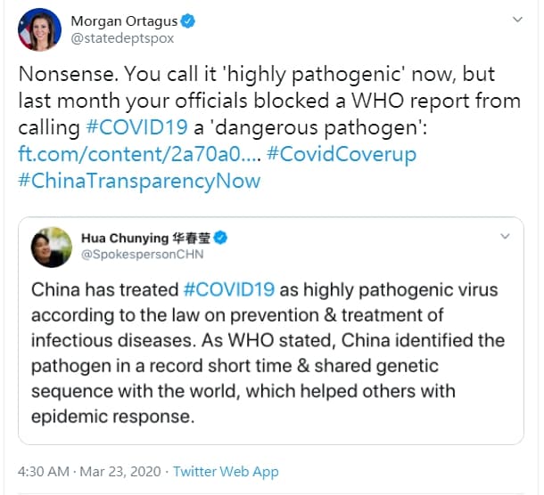 美中發言人在網路上開砲絲毫不手軟。（翻攝自推特）