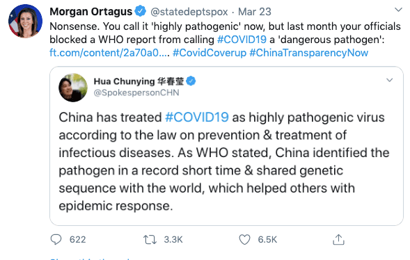 歐塔加斯痛斥華春瑩一派胡言，下方留言出卻引出一堆中國網友叫好。（翻攝自Morgan Ortagus twitter）