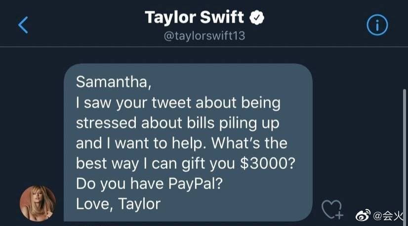 網友Samantha 截圖泰勒絲給她的私訊，詢問該怎樣捐款給她。（網路圖片）