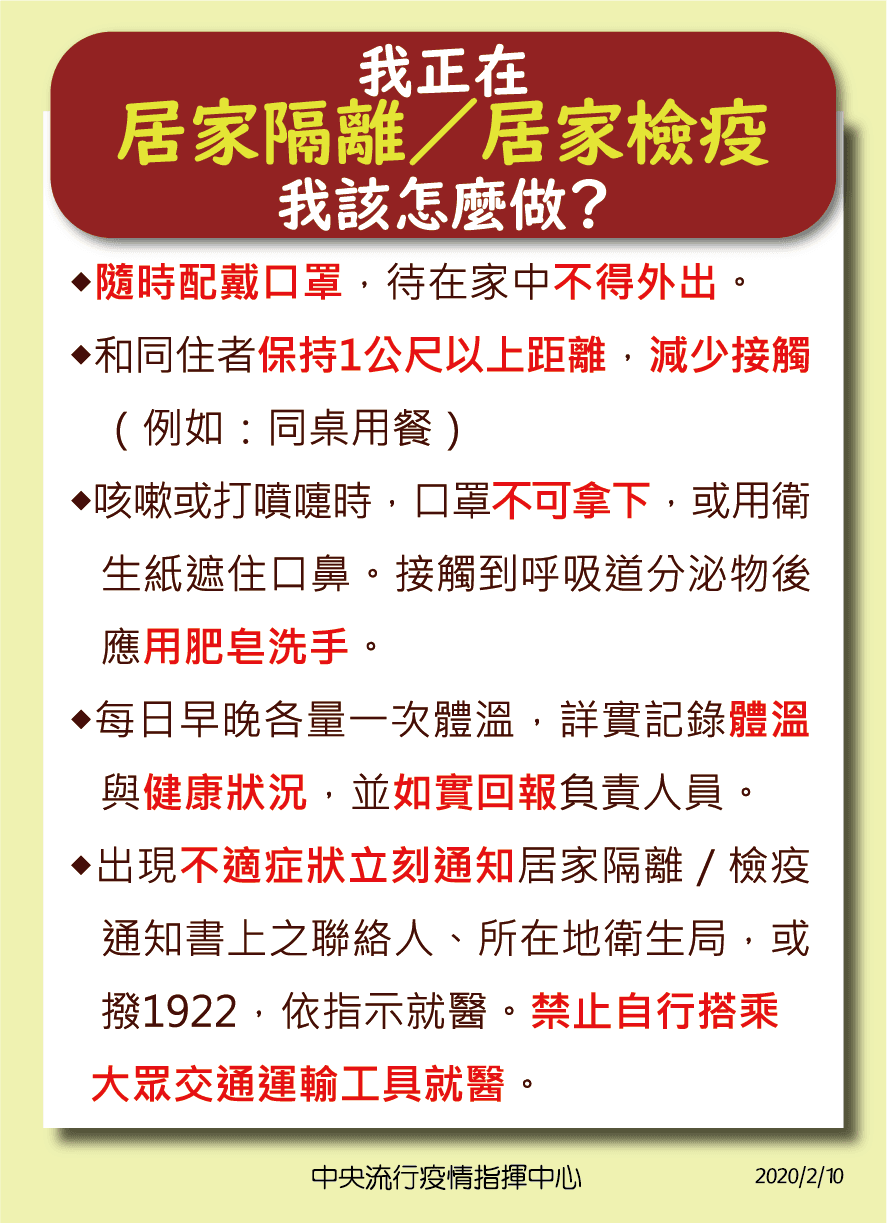 居家檢疫或隔離者注意事項。（中央流行疫情指揮中心提供）
