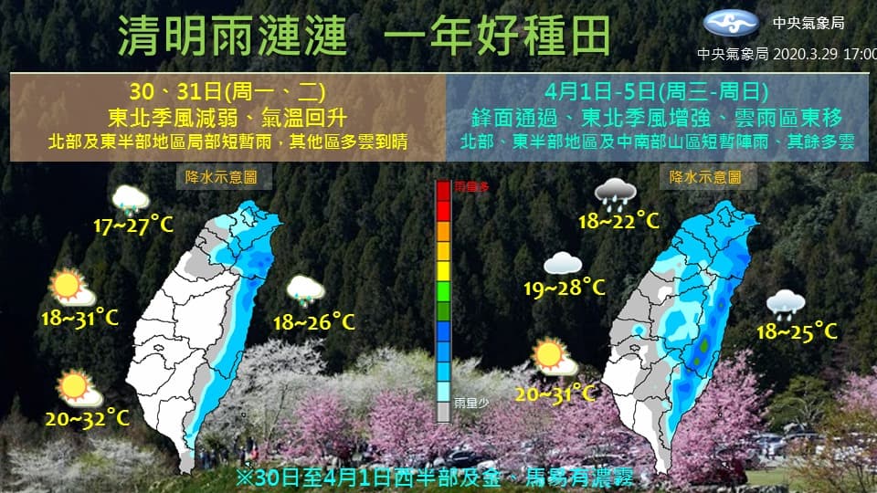 清明連續假期北部、東部恐怕陰雨綿綿。（翻攝自報天氣 - 中央氣象局臉書）