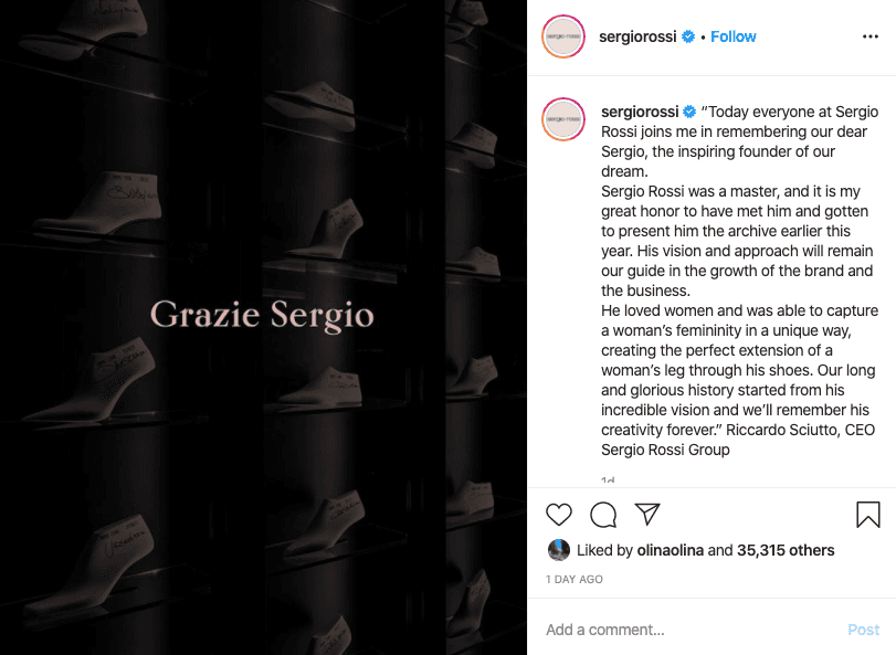  品牌現任行政總裁Riccardo Sciutto在官方IG上表示哀悼。（翻攝自Sergio Rossi IG）