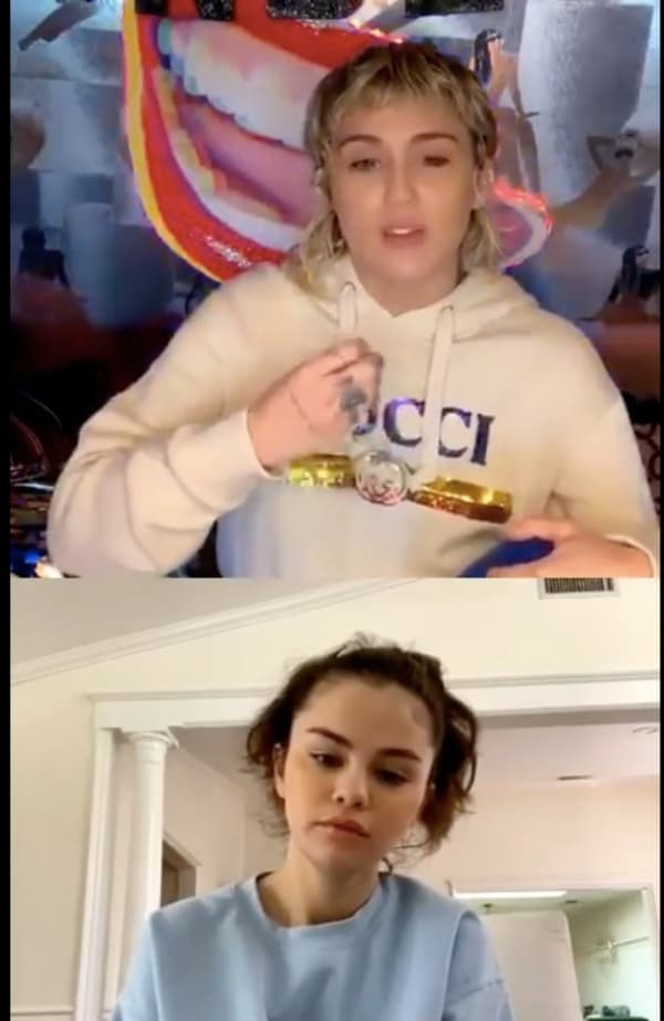麥莉希拉（上）與席琳娜（下）在直播中大方談心。（翻攝自Miley Cyrus官方Instagram）
