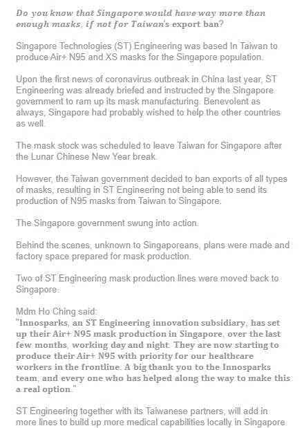 新加坡粉專控「台灣劫持口罩」，目前文章已下架。（翻攝自臉書Singapore Matters）