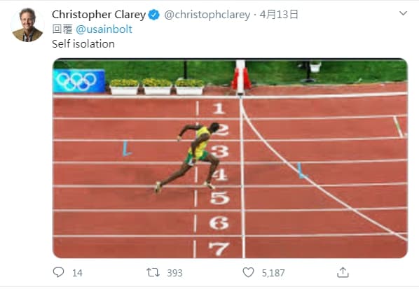 《紐約時報》的全球體育專欄作家克拉瑞（Christopher Clarey）則張貼另一張照片，畫面是波特獨自一人跑在前頭，寫著「自我隔離」（Self isolation）。（翻攝自推特）