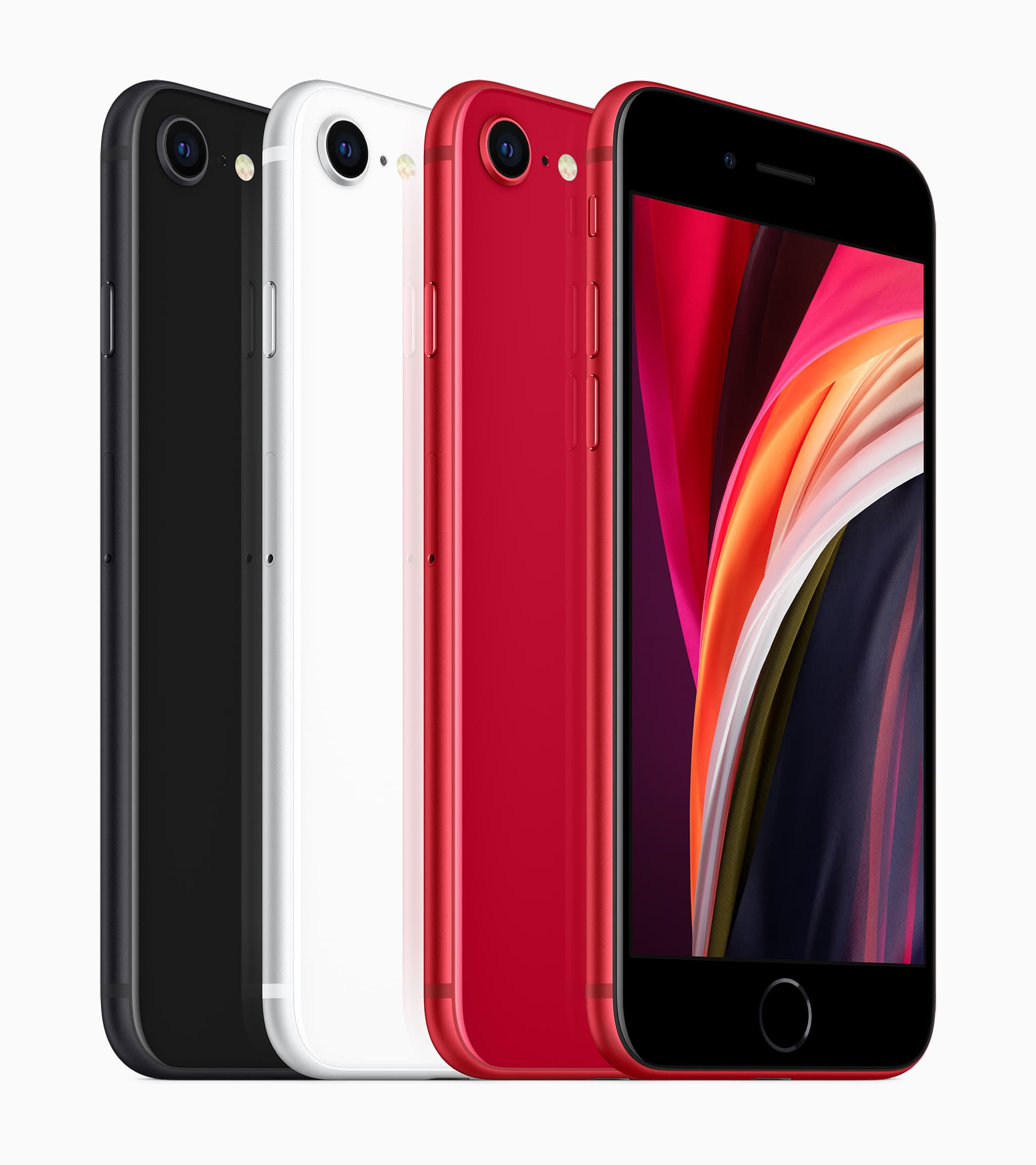 Phone SE備有3種亮麗色彩，黑色、白色與（PRODUCT）RED。（翻攝自Apple官網）