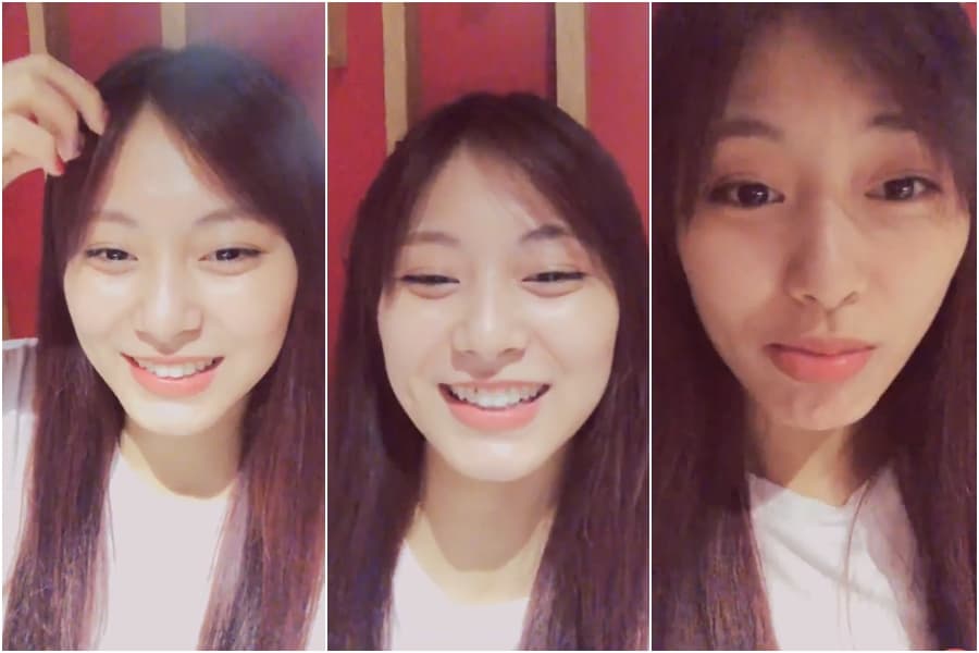 子瑜開直播久違和粉絲互動，牙縫中卻卡了菜渣。（翻攝自VLIVE）