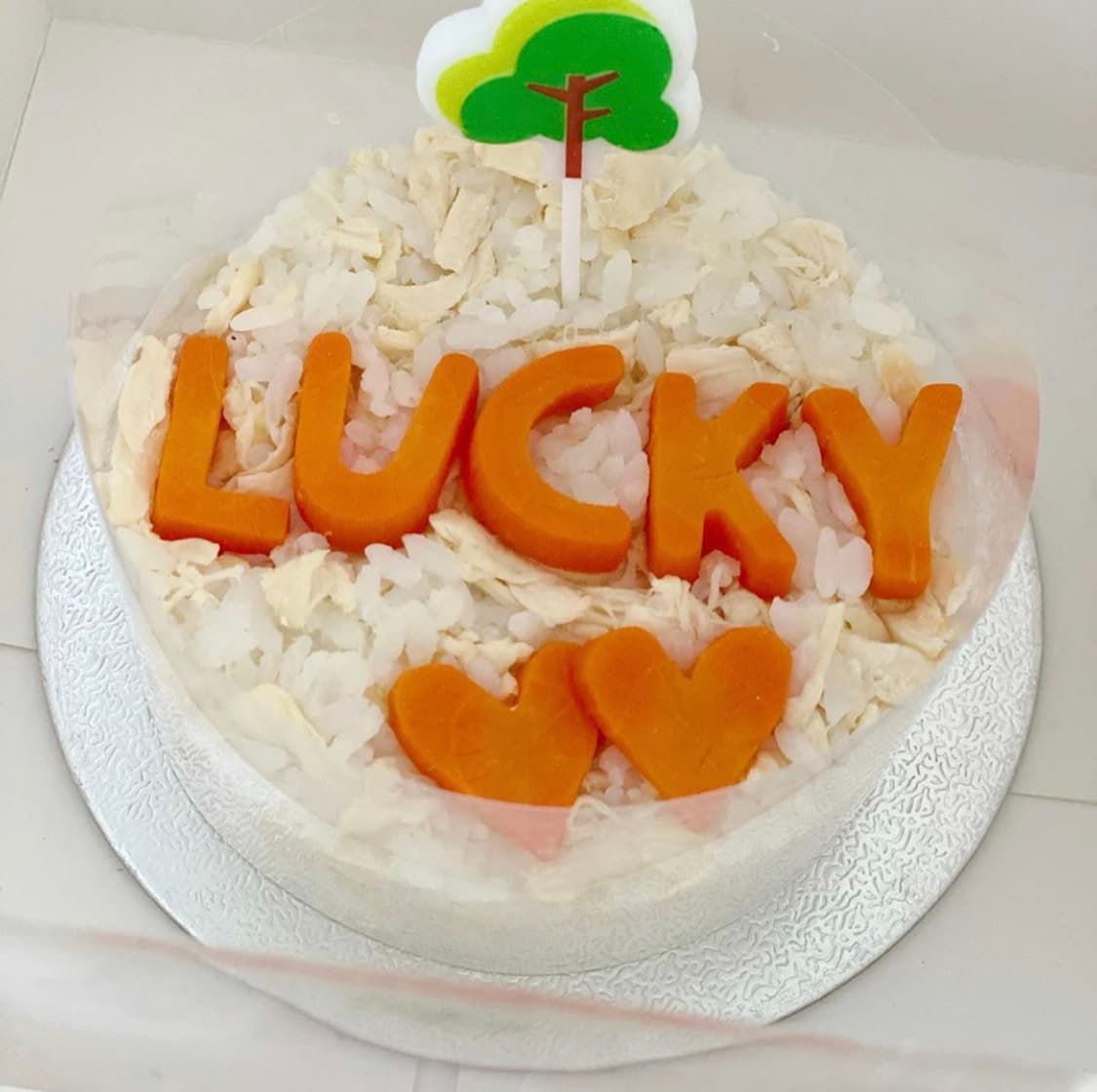 因為愛犬年老，所以鄭秀文用一個雞肉做的蛋糕來為Lucky慶祝。（翻攝自鄭秀文IG）