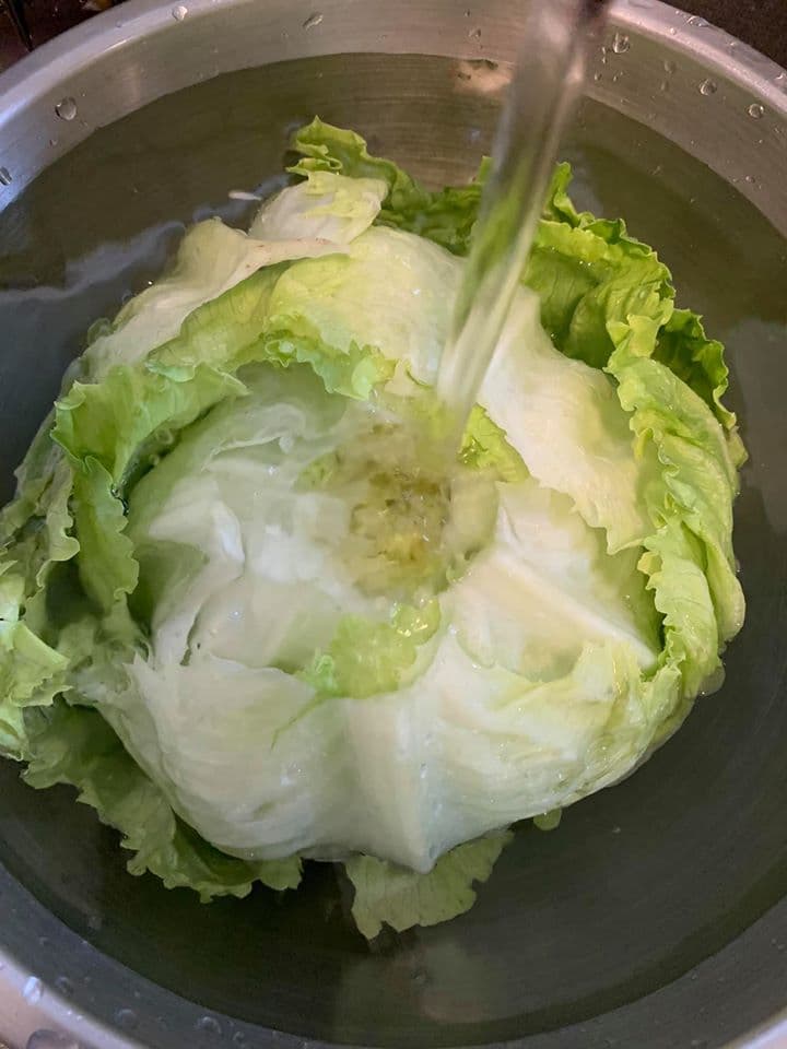 從切開的蒂頭處沖水，便會看到生菜如花瓣展開。