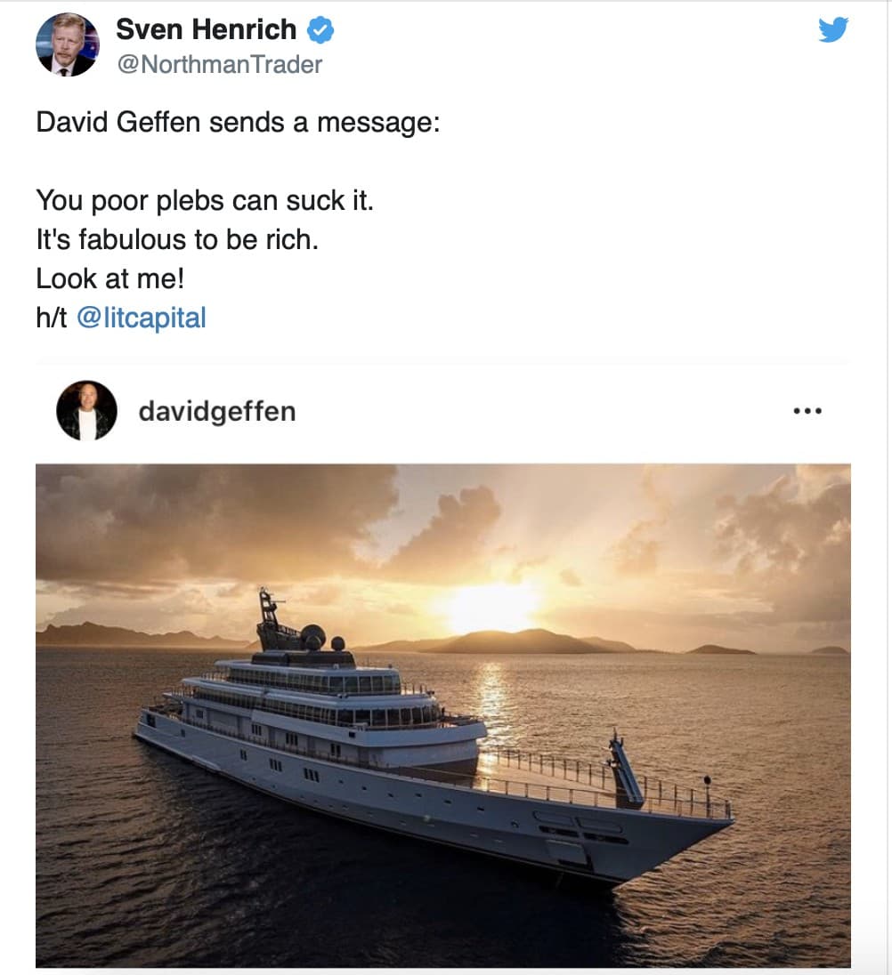 夢工廠創辦人大衛戈芬在Instagram上貼出他用無人機拍攝，在價值4億美金的遊艇「旭日號」上隔離的照片。