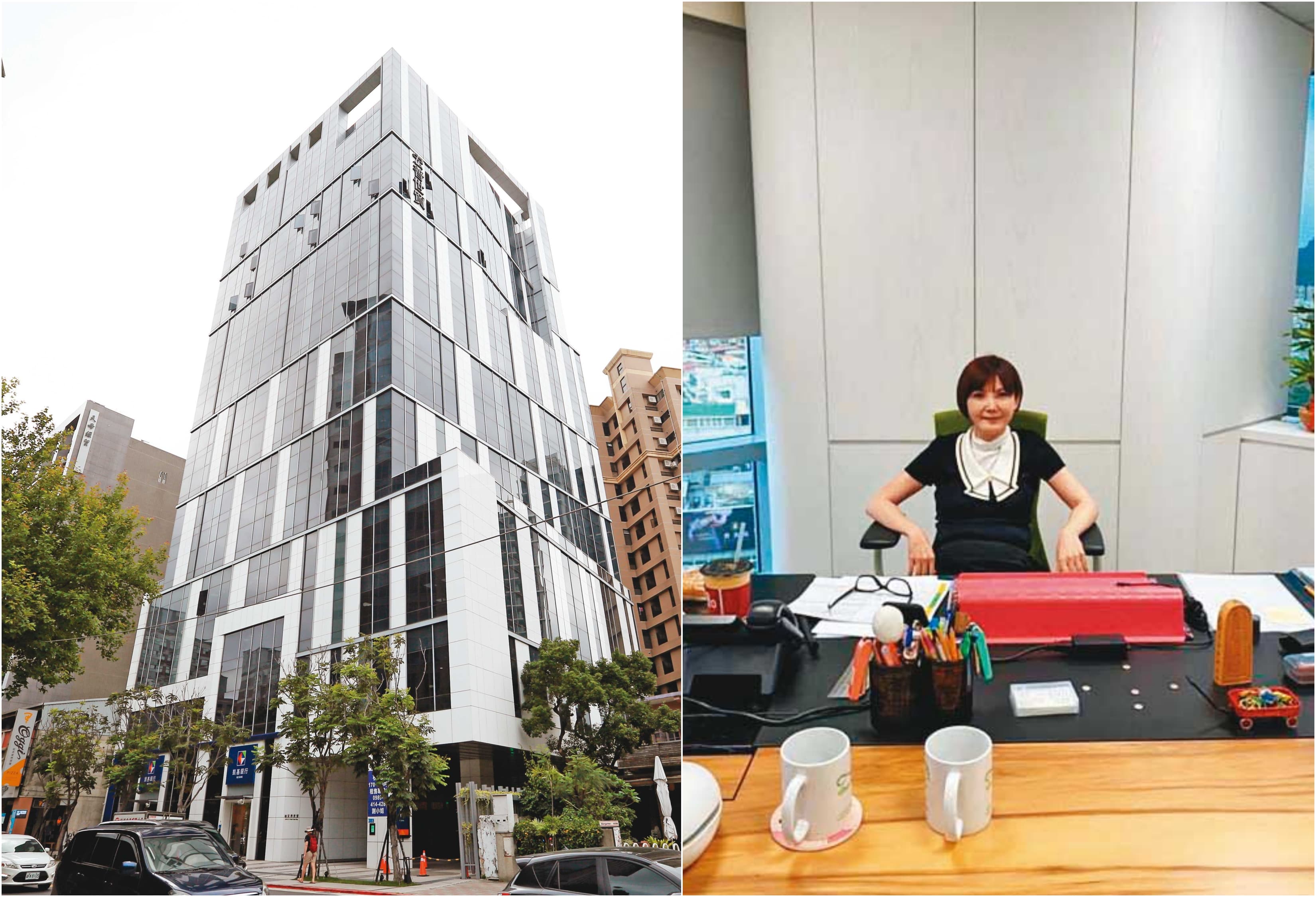 潘修玉傳在公司上班照給朋友，證明她還在職。左為金寶天母辦公室大樓。（讀者提供）