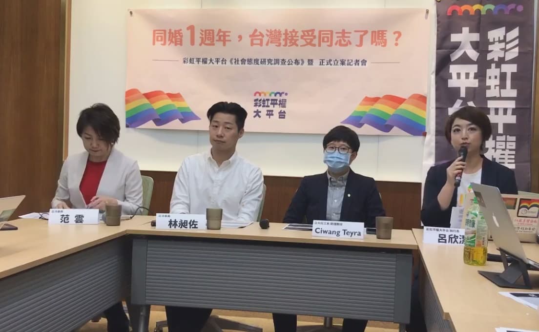 民團「彩虹平權大平台」公布同婚通過一年後，台灣社會接納度的民調結果。（彩虹平權大平台臉書直播）