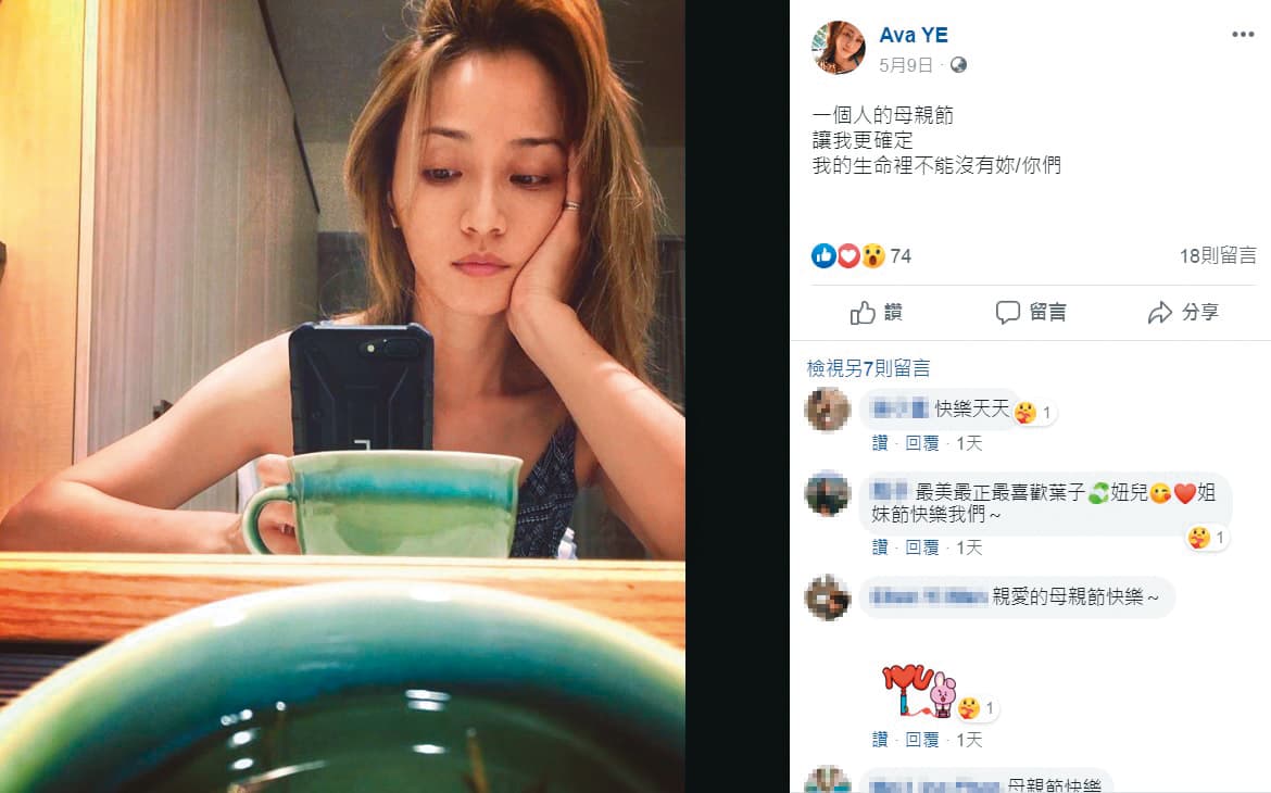 諷刺的是，陳鏞基在外面玩很大的同一天，他的老婆發了張「1個人的母親節」照片。（翻攝自Ava YE臉書）