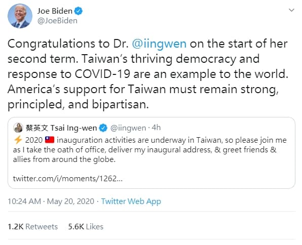 拜登公開轉發蔡英文的就職演說，也祝賀她展開第二任期。（翻攝自推特）