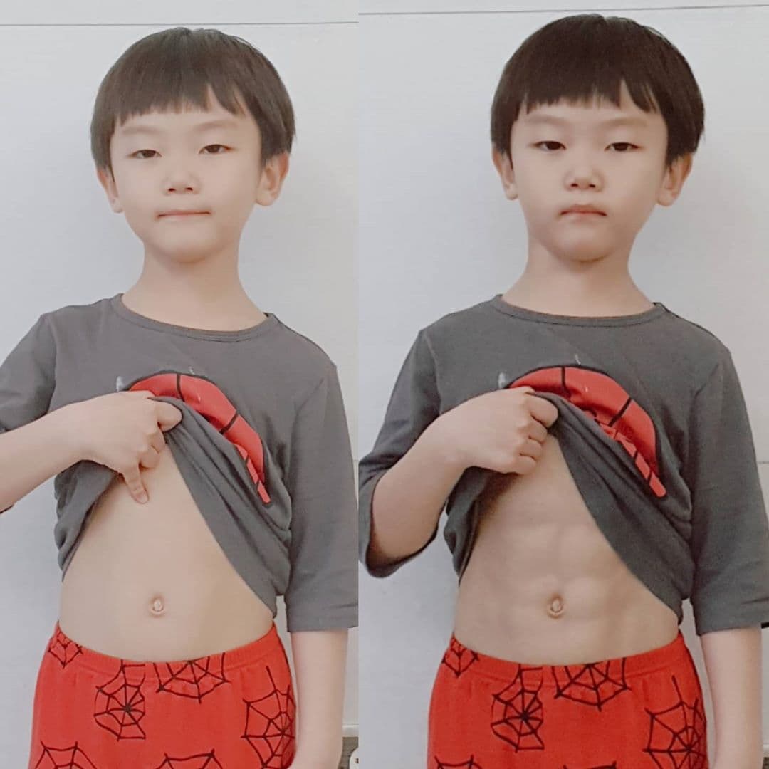 右圖的大發擁有巧克力腹肌，結果是媽媽幫忙P上去的。（翻攝自大發媽媽IG）