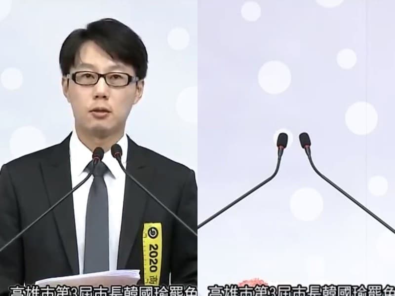 韓國瑜今日缺席公辦電視罷免說明會，獨留陳冠榮唱獨角戲。（翻攝自高雄市選舉委員會YouTube頻道）