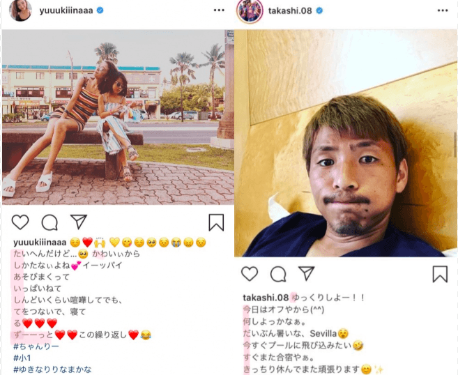 木下優樹菜(左圖)和足球選手乾貴士曾利用IG藏頭詩示愛被抓包。(翻攝IG)