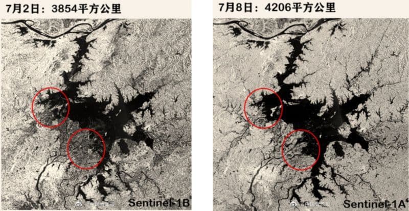 鄱陽湖水系面積變化，可從衛星雲圖明顯可見經過連日暴雨後，有擴大趨勢。（翻攝自中青報微博）