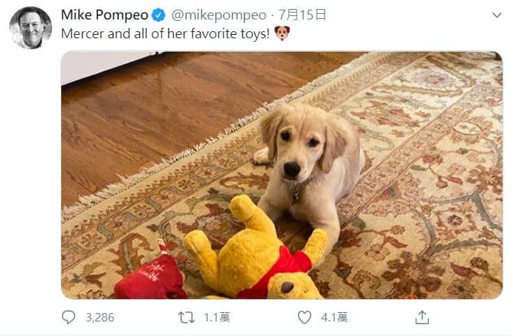 蓬佩奧貼出愛犬的照片，圖中的維尼熊引起討論。（翻攝自蓬佩奧推特）