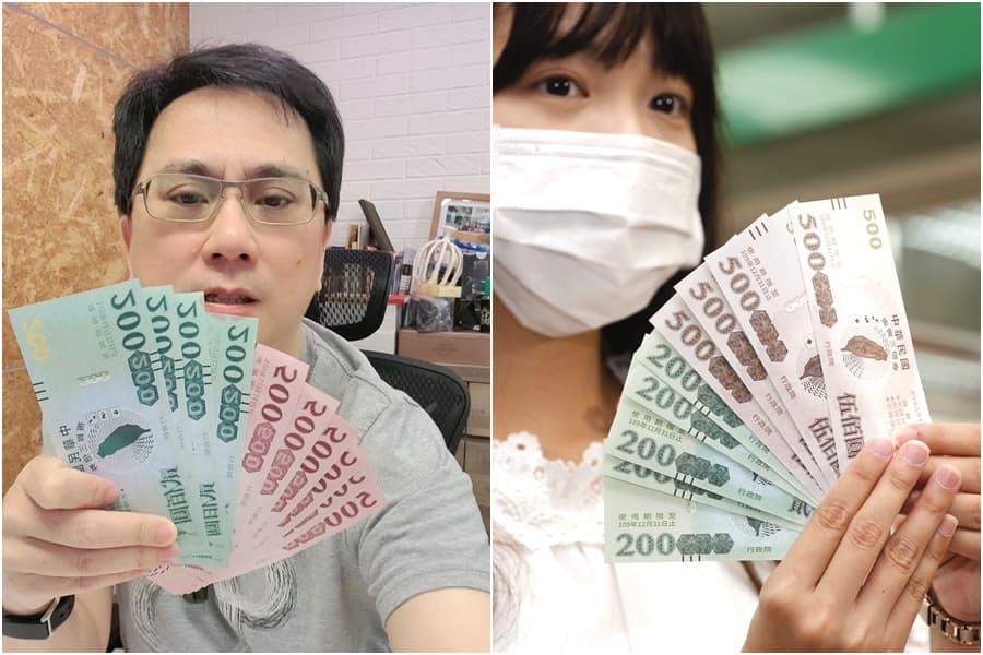 486先生「超前振興」的三倍券，和民眾實際領取到的三倍券比對，券的大小和字體可明顯看出不同之處。（左圖翻攝486先生臉書）
