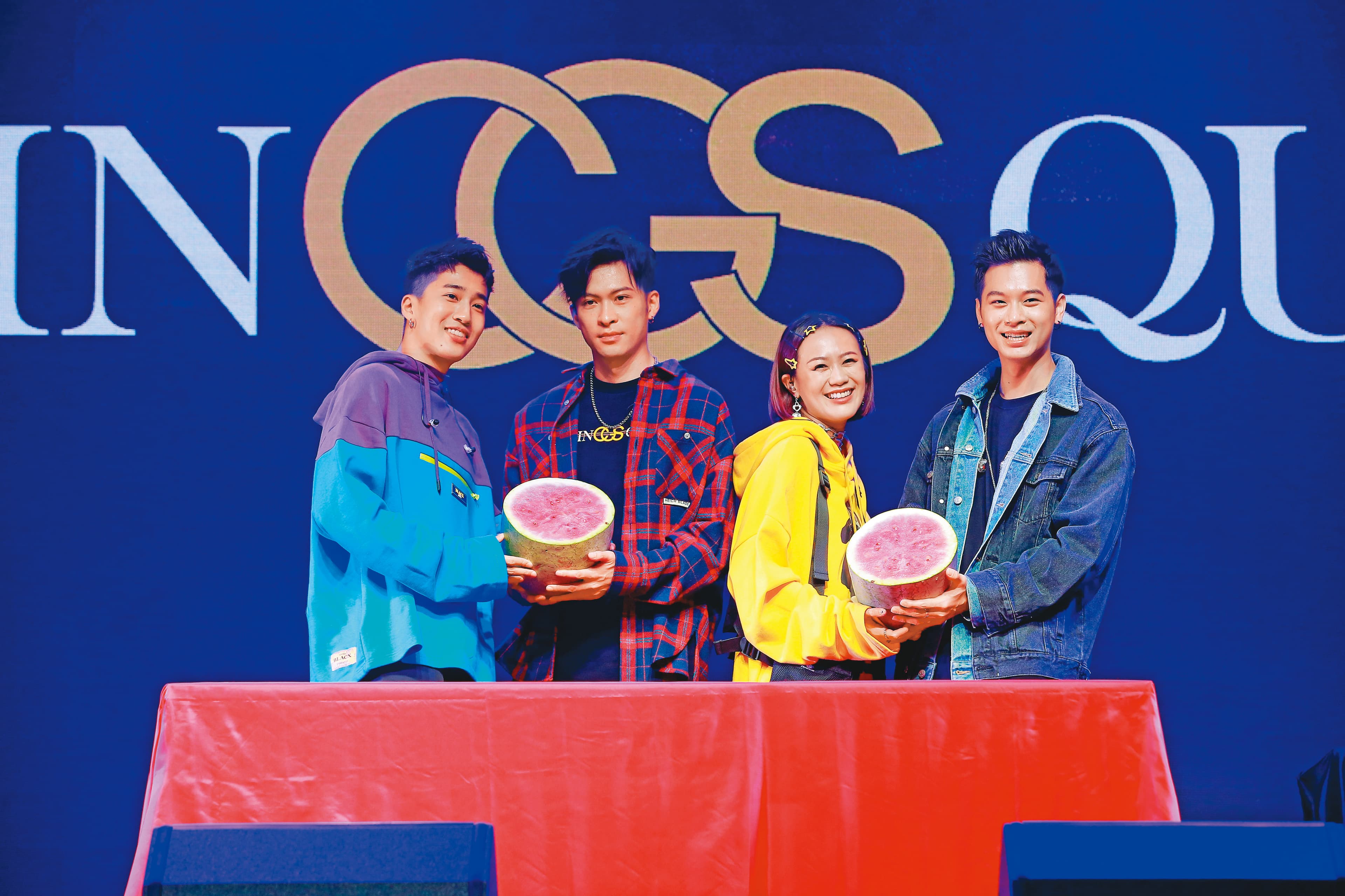婁峻碩Shou（左起）、唐仲彣Chrisflow、RĒD°芮德及高爾宣OSN組成饒舌團體「CHING G SQUAD」，並舉辦專場演唱會。