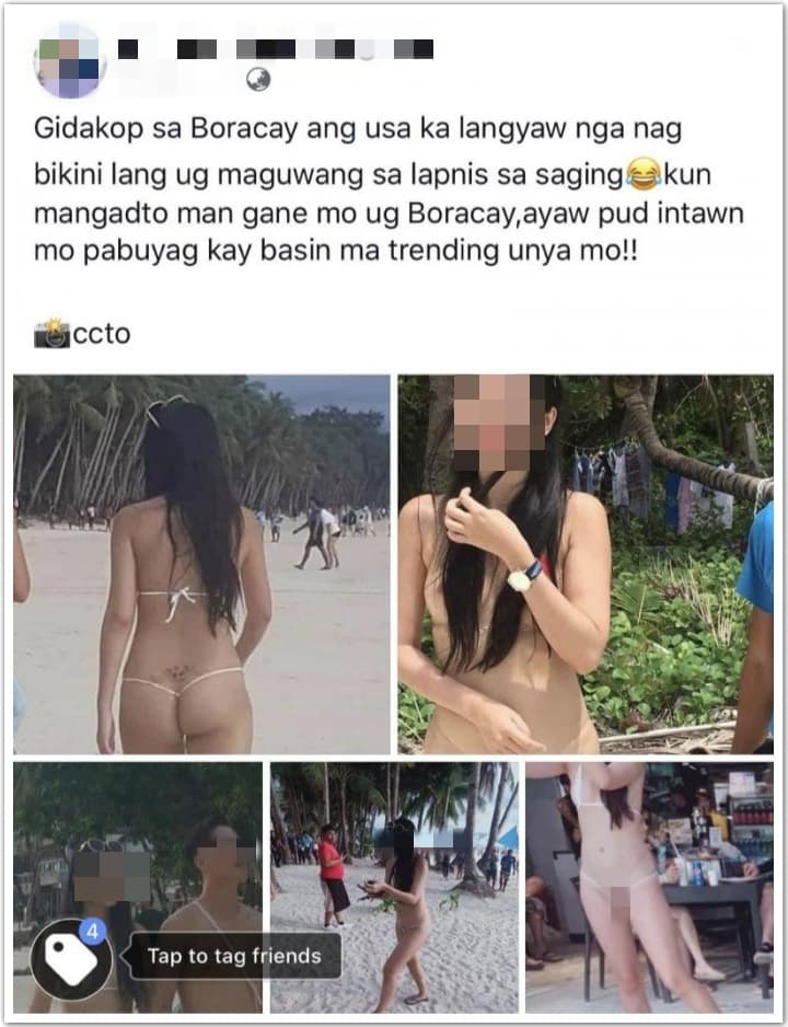 林姓正妹在長灘島穿著一條線比基尼，引人側目疑似被偷拍，登上菲國社群網站，讓外國見識到麼叫「辣台妹」。（翻攝自臉書）