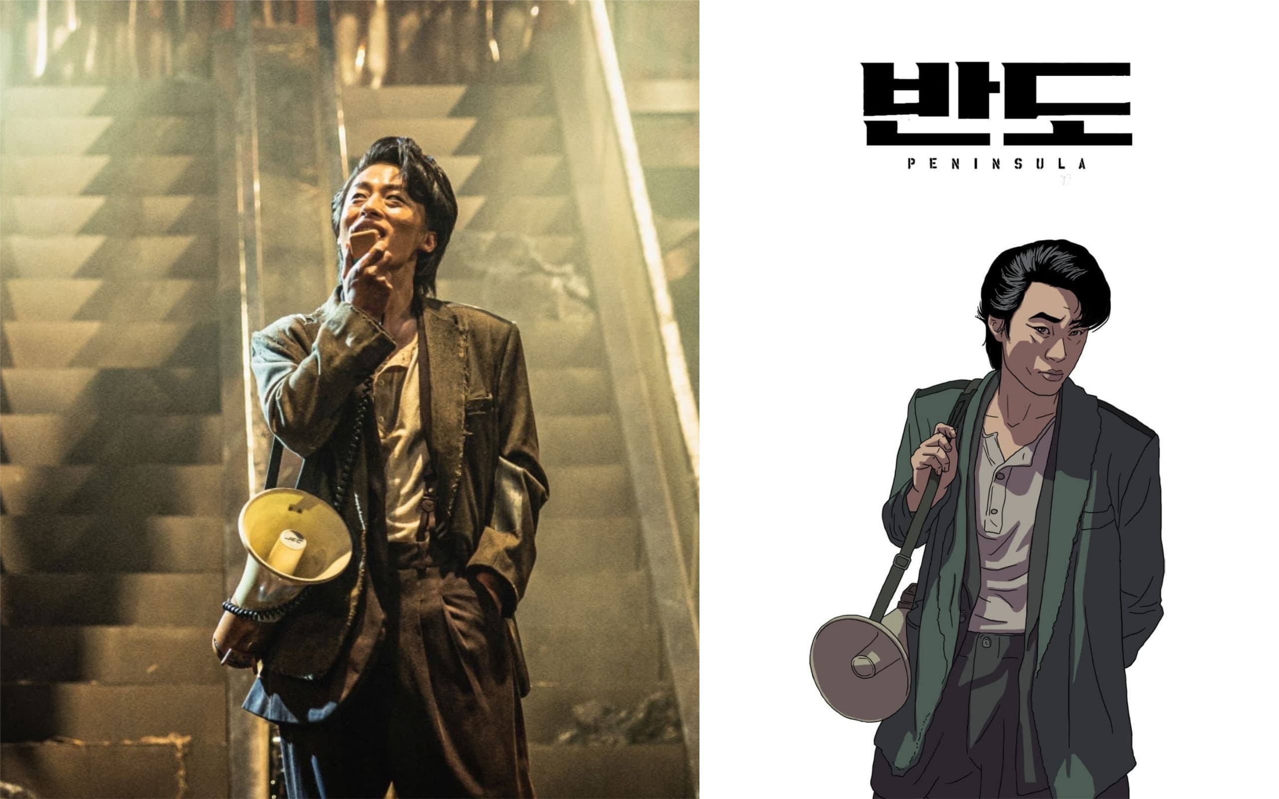 具敎煥（左圖）在片中飾演「徐大尉」人氣暴漲，導演延尚昊公開他的手繪畫後順便揭曉了該角色的全名。（車庫娛樂提供）
