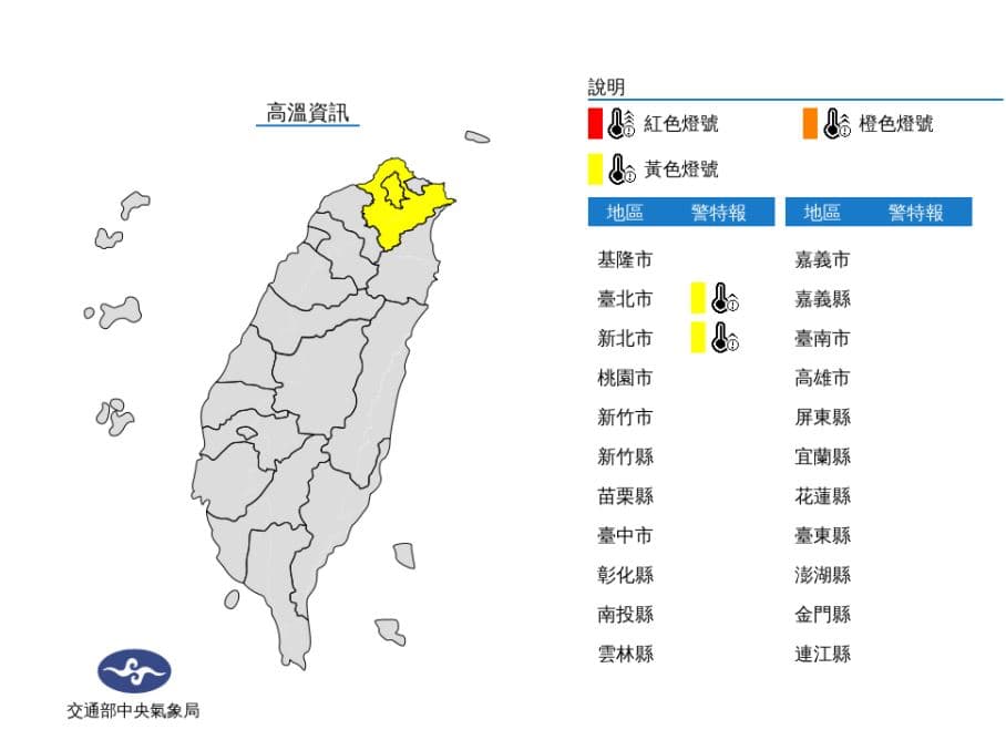 氣象局針對雙北地區發布高溫警報。（翻攝自中央氣象局）