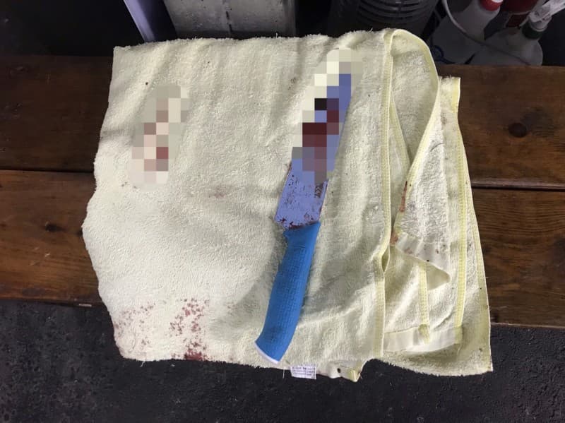 警方查扣黃男殺妻、自戕的凶刀。（翻攝畫面）
