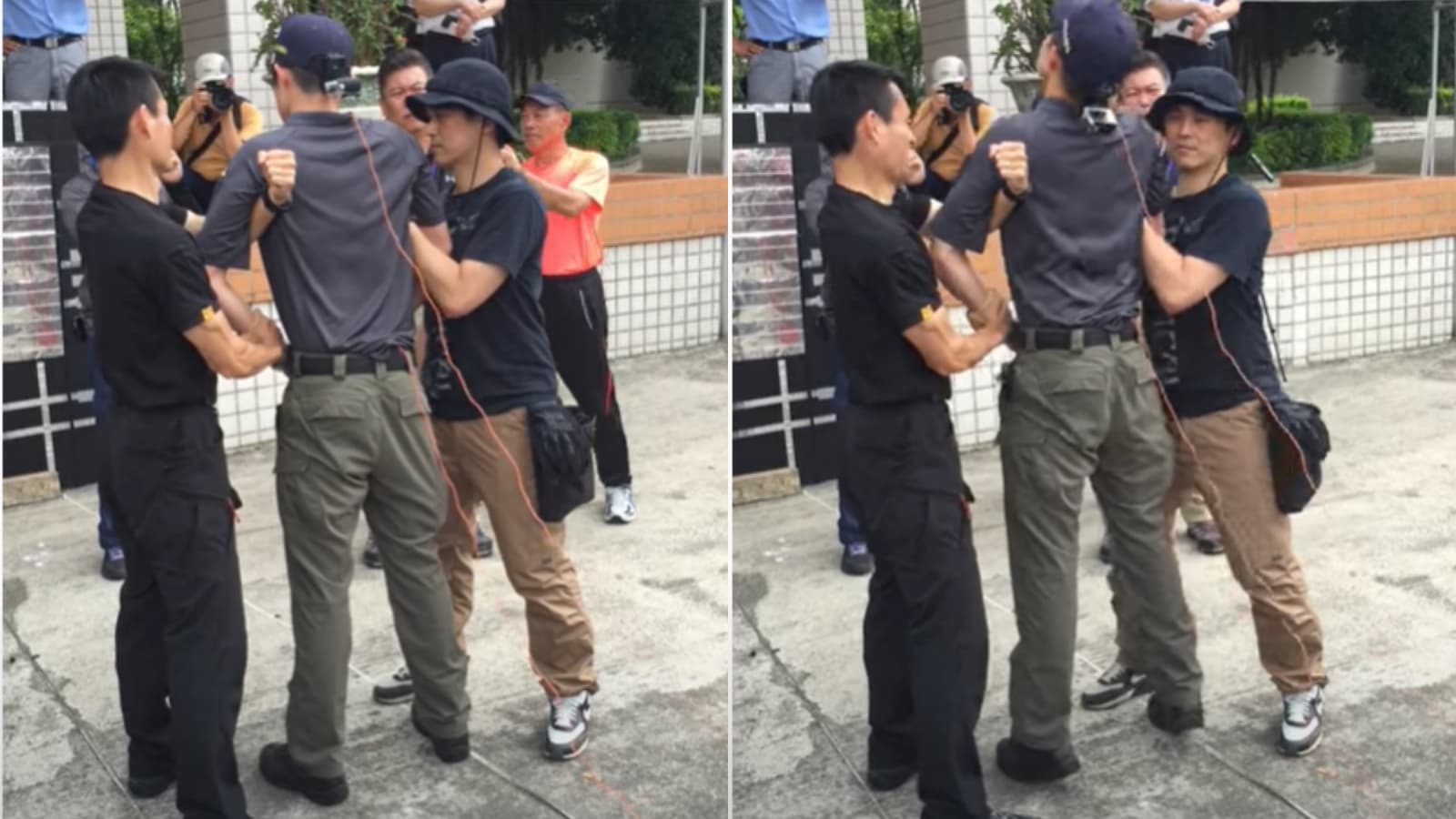 員警遭電擊後，身體呈現僵直、麻痺狀態。（翻攝NPA署長室YouTube）