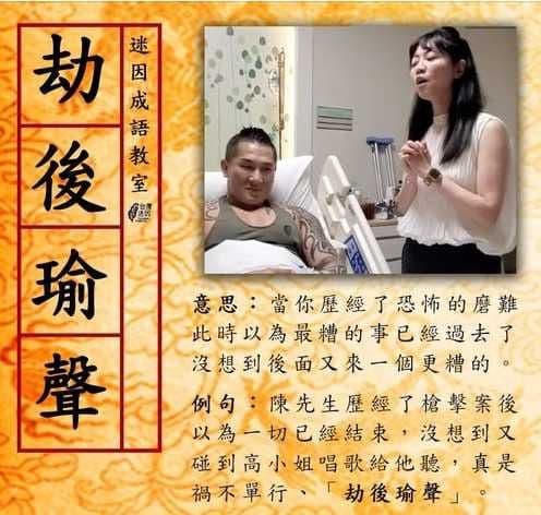 立委高嘉瑜因奪魂歌藝被稱「港湖胖虎」，館長經歷槍擊大劫，她再獻聲〈隱形的翅膀〉，史稱「劫後瑜聲」。（翻攝自台灣迷因臉書）