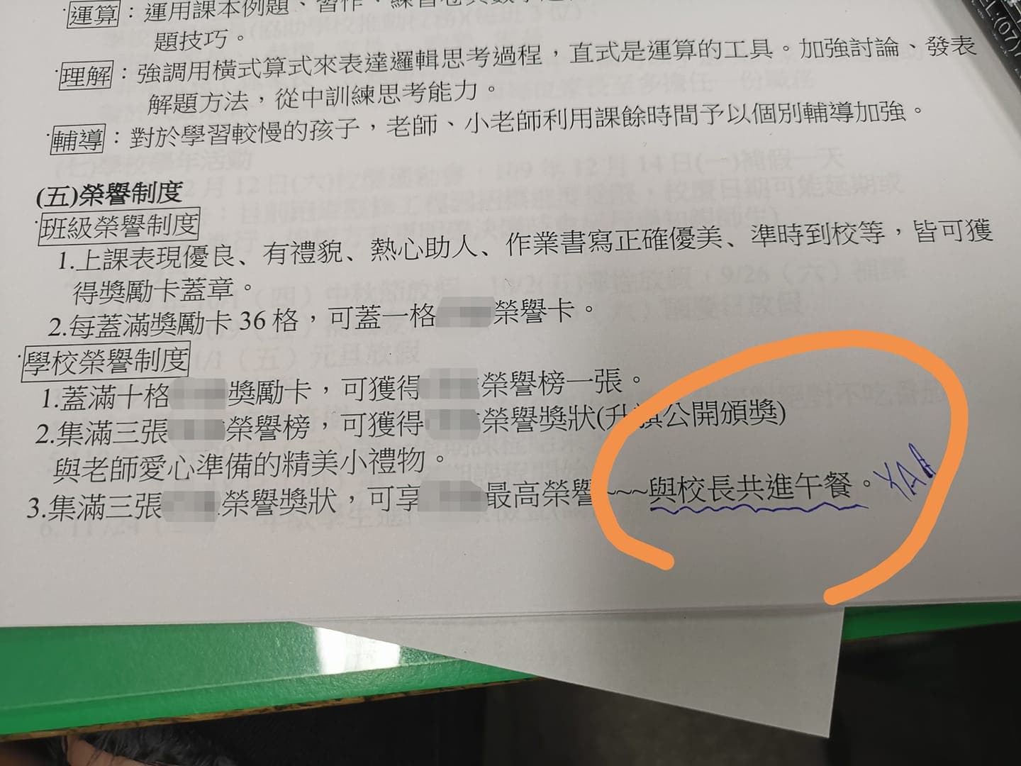網友曝光一張「獎勵制度表」，該校最高榮譽獎勵竟是「與校長共進午餐」。（翻攝自爆廢公社臉書）