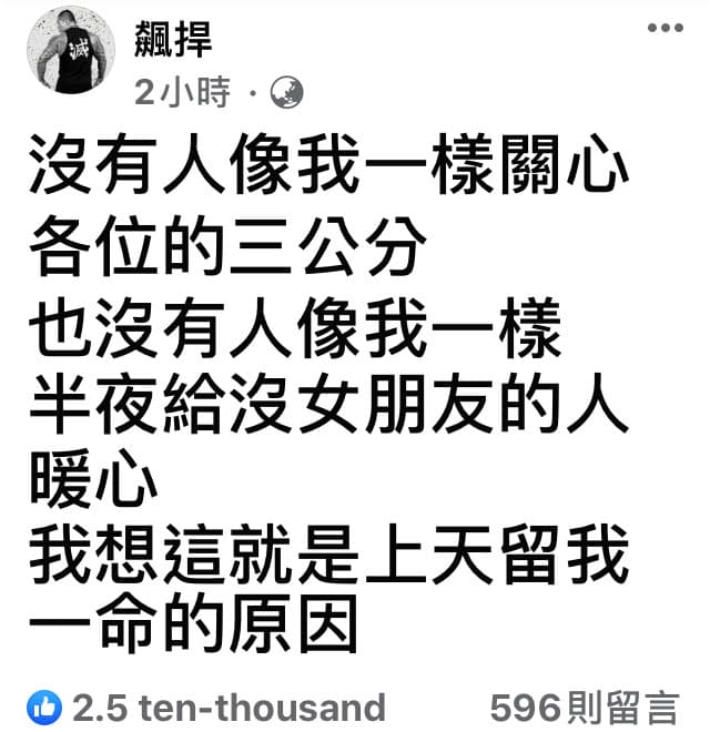 館長深情表示：「沒有人像我一樣，關心各位的『3公分』。」他想這就是上天留他一命的原因。（翻攝自飆悍臉書）