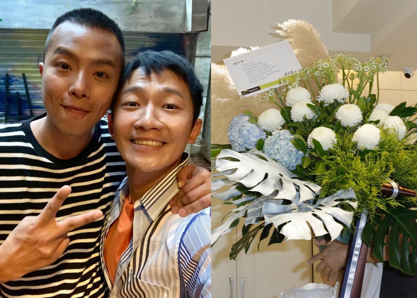多次與小鬼合作的蔡昌憲送來致哀花籃，卡片上寫著回憶一起聊音樂的往事。（左圖翻攝自蔡昌憲臉書）